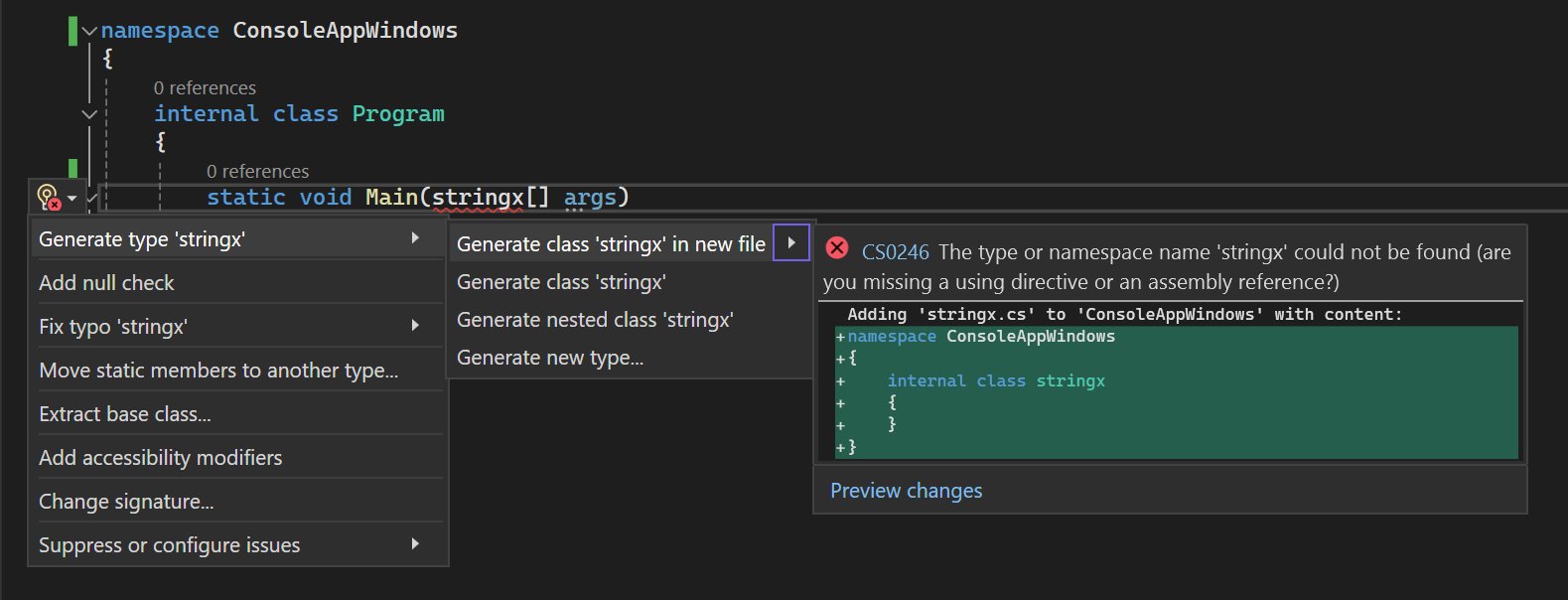 Screenshot that shows an analyzer violation and Quick Action code fix in the code editor.