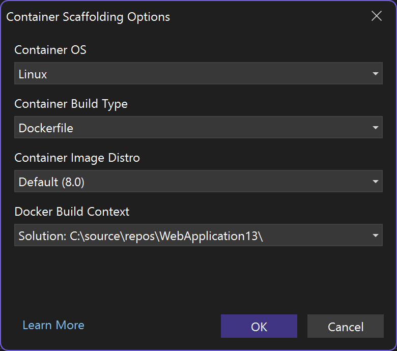 Screenshot showing the Container Scaffolding Options dialog for adding Docker support.