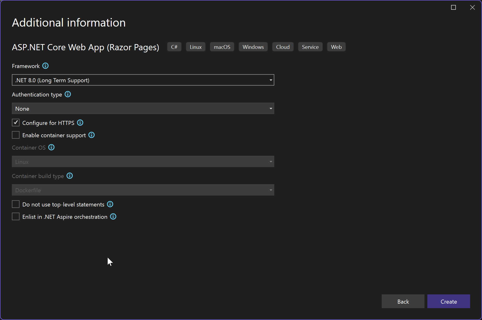 Screenshot of the Additional information screen when creating a web project. The option to Enable Docker Support is not selected.