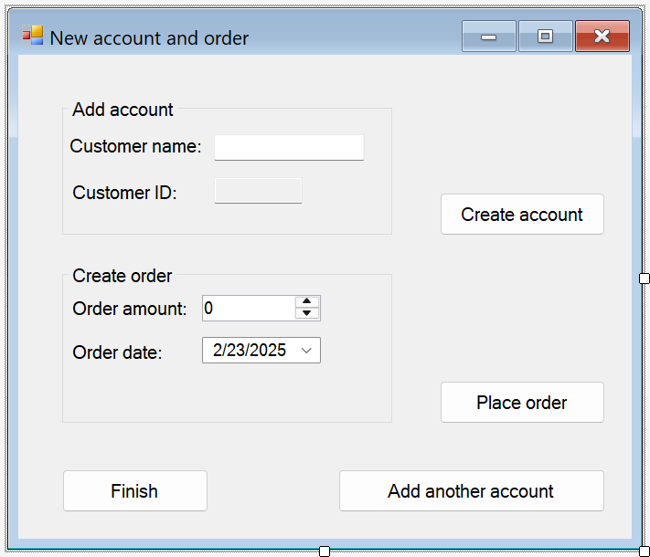 Screenshot that shows the NewCustomer form details.