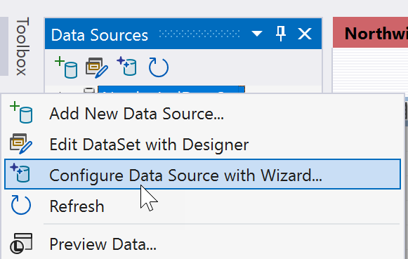 Screenshot that shows the Data Source context menu.