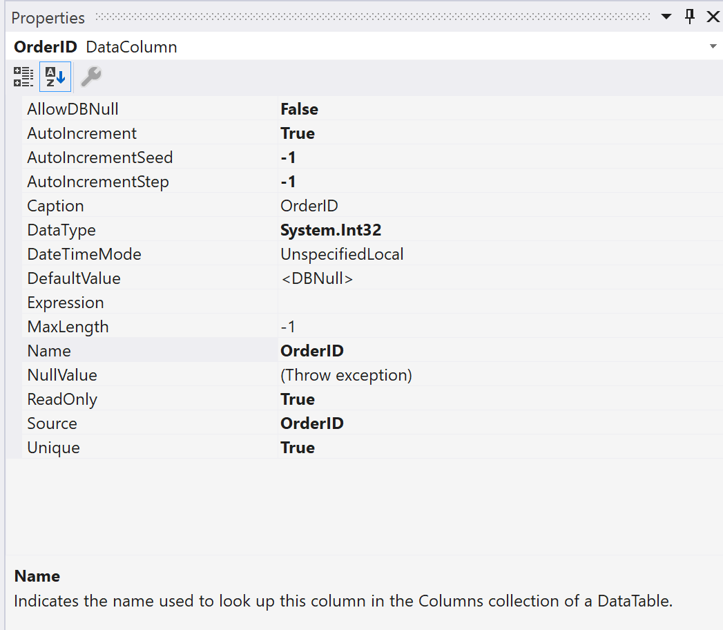 Screenshot that shows DataSet column properties.