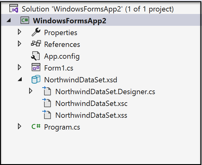 Screenshot that shows how the dataSet appears in Solution Explorer.