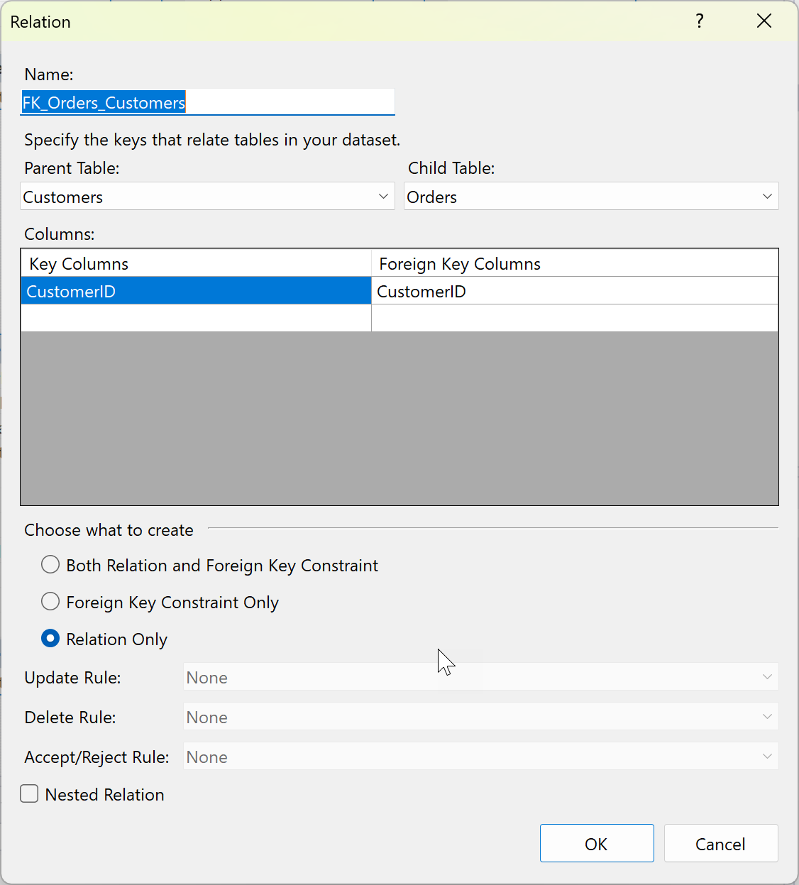 Screenshot that shows the Relation dialog where you can edit the dataset relation.