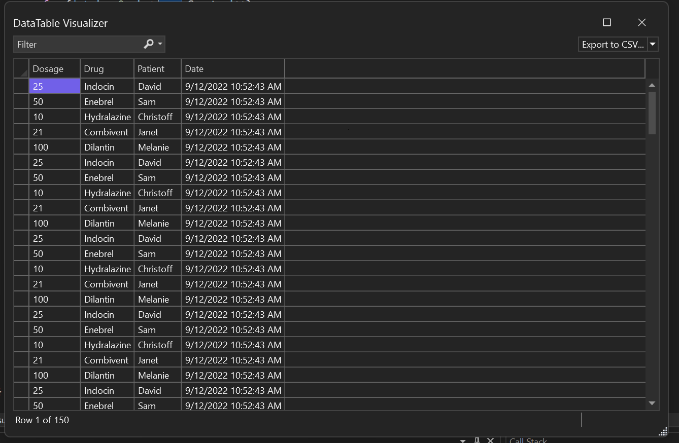 Screenshot of View the DataSet visualizer data.