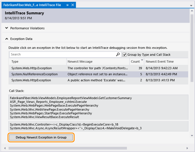 Start debugging from exception event