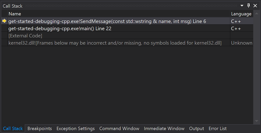 Screenshot that shows how to examine the call stack in Visual Studio.