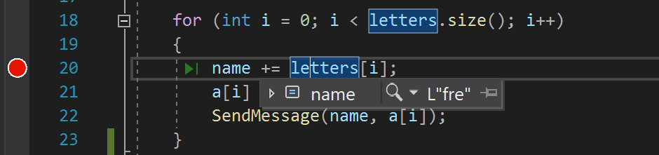 Screenshot that shows how to check the value of a variable by using hover to show the data tip in the debugger.