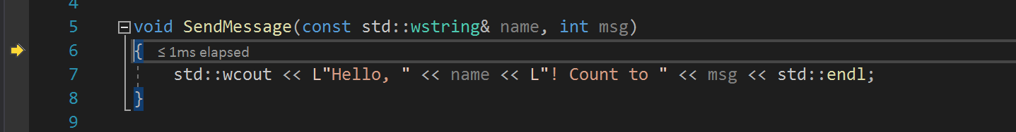 Screenshot that shows the debugger stepped into the SendMessage method and the yellow pointer indicating the pause location.