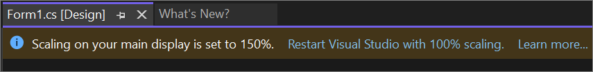 Screenshot of the information bar in Visual Studio to restart in DPI-unaware mode.