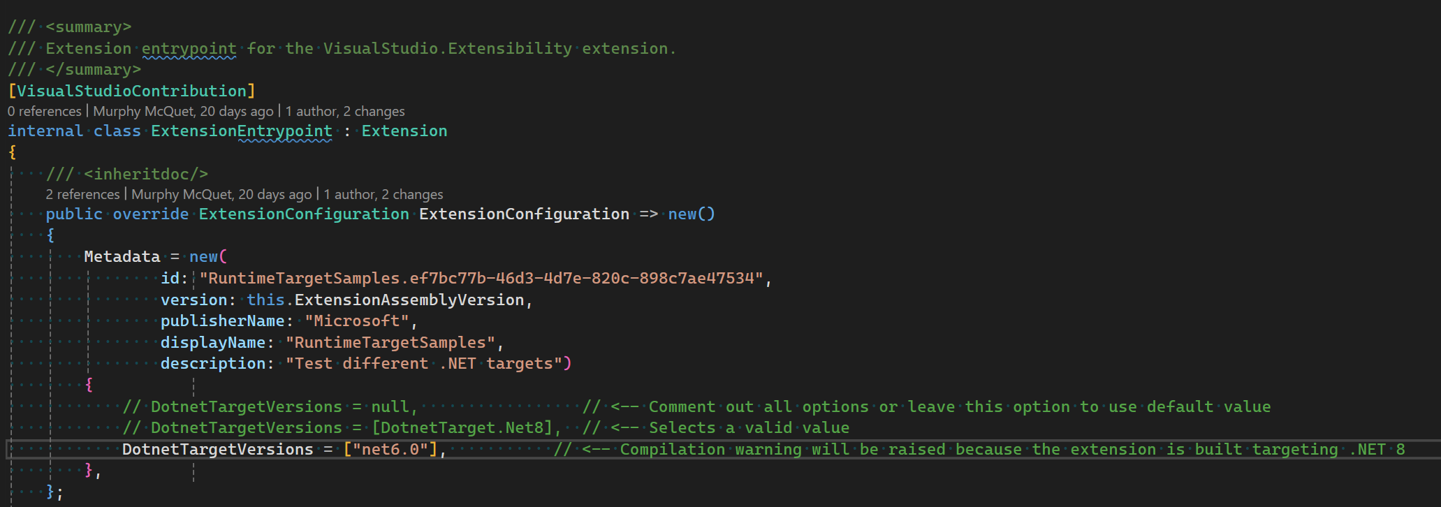 Screenshot of extension code configured to run on .NET 6.