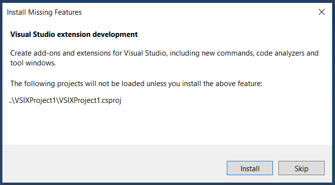 Screenshot showing the Visual Studio dialog to Install extension development workload.