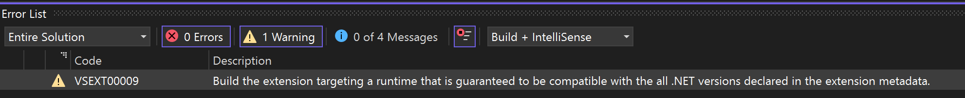 Screenshot of build warning for extension where the target .NET runtime is out of support.