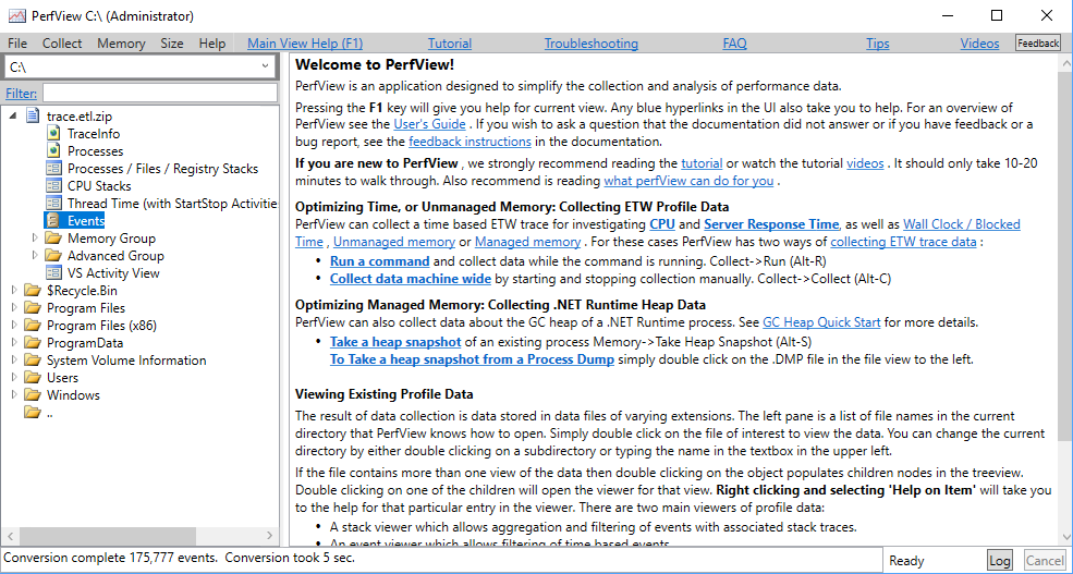 PerfView trace summary view