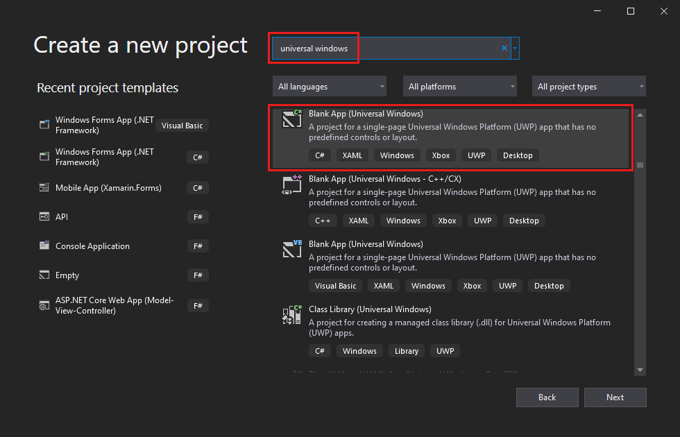 Screenshot of the 'Create a new project' dialog box with 'universal windows' entered in the search box, and the 'Blank App (Universal Windows)' project template highlighted.