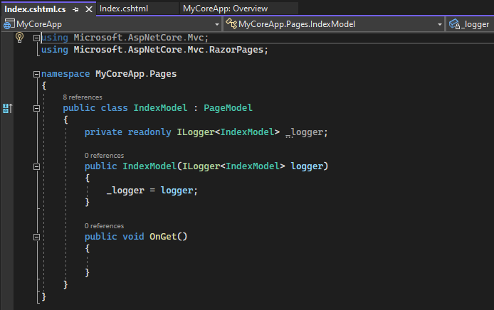 Screenshot shows the Index.cshtml.cs file open in the Visual Studio Code editor.