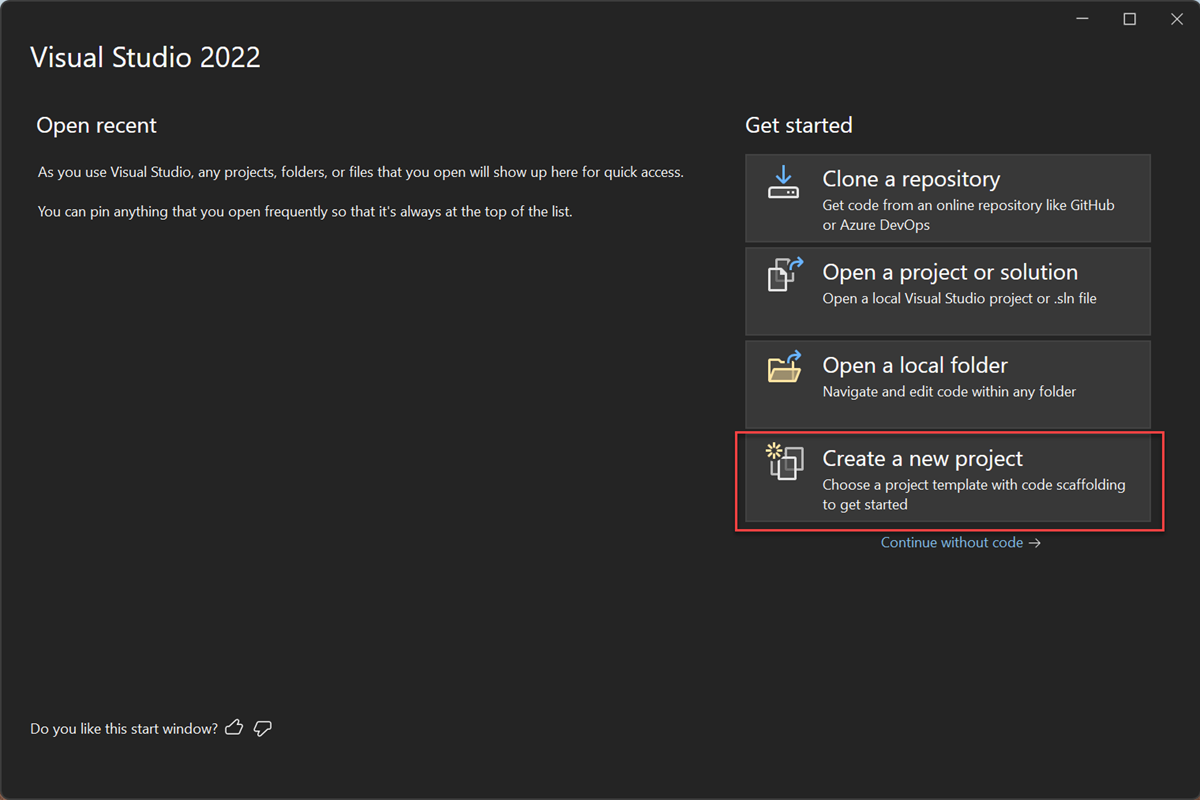 Screenshot of the Create a new project option in the Visual Studio start window.