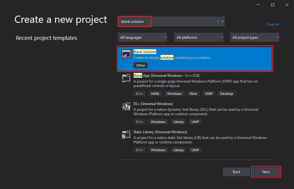 Screenshot that shows a Blank Solution template selected in Visual Studio 2019.