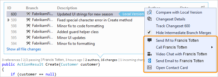 Screenshot that shows the Contact options for an item with CodeLens in Visual Studio 2019.