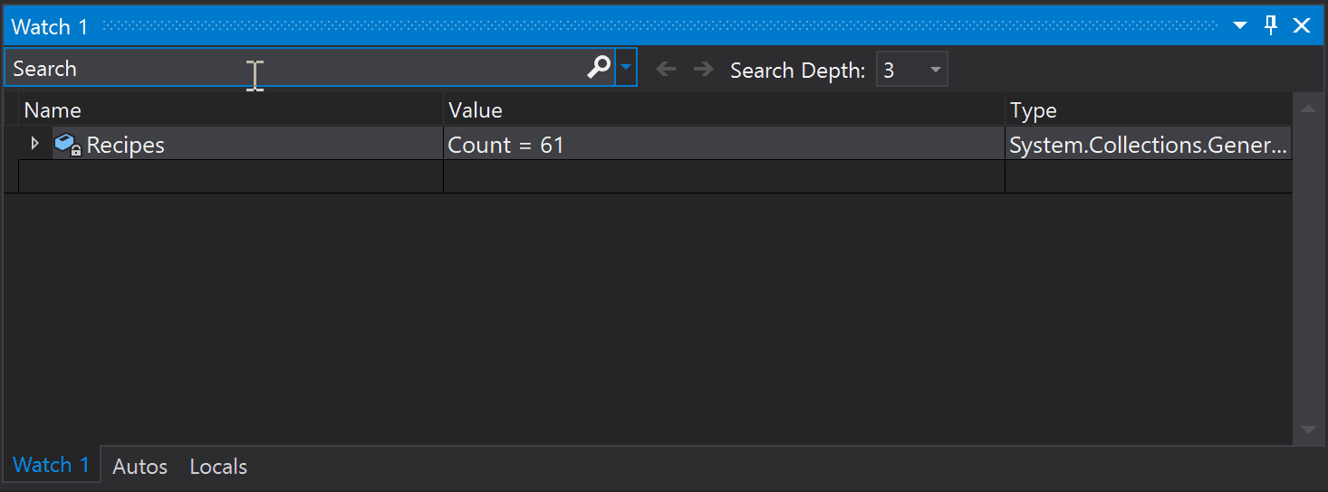 An animation that shows the debug search window in Visual Studio 2019