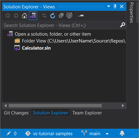 Screenshot of the .sln file in Solution Explorer, after you select Switch Views in Visual Studio 2019 version 16.8 and later.