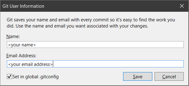 Screenshot of the Git User Information dialog where you edit your account info in Visual Studio 2019 version 16.8 and later.