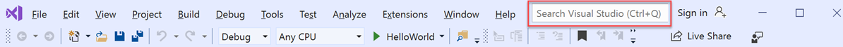 Screenshot showing the Search box in Visual Studio 2019.