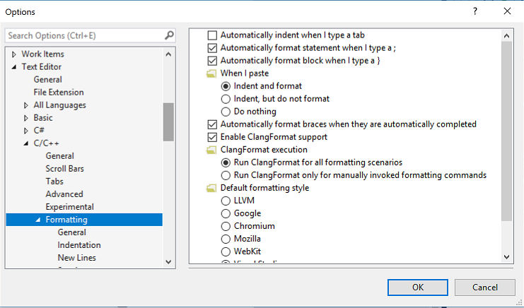 Screenshot of the Formatting settings for the C/C++ text editor in the Options dialog box.