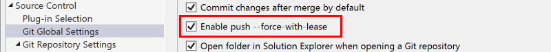 Screenshot showing the checkbox to enable push force with lease in the Options dialog box.