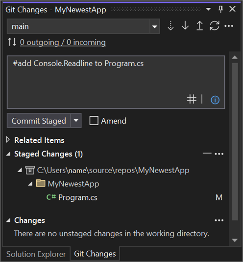 The Git commit dialog in Visual Studio 2022.