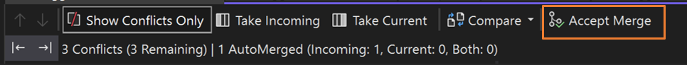 Screenshot of the Accept Merge action in Visual Studio 2022.