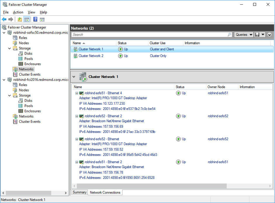 Screenshot of two clusters using multiple NICs in the same subnet to leverage SMB multichannel.