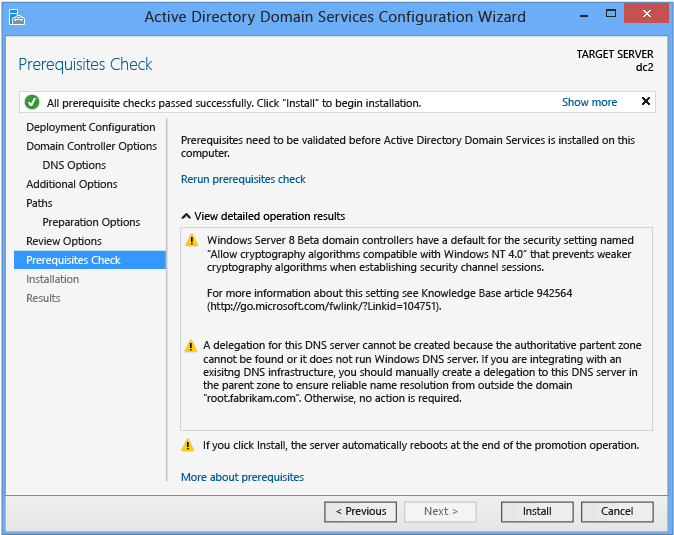 Screenshot that shows the Prerequisites Check page which is a new feature in AD DS domain configuration.