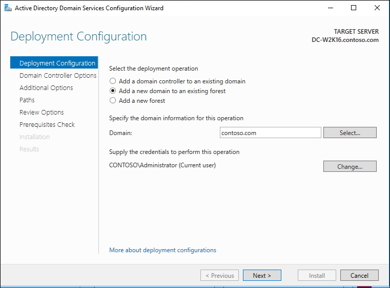 Screenshot of the Deployment Configuration page of the Active Directory Domain Services Configuration Wizard showing the Add a domain controller to an existing domain option selected.