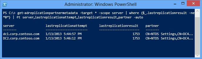 Screenshot that shows how to contact all domain controllers in the forest and display any whose last attempted replication failed for any reason.