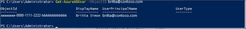 Screenshot of the PowerShell window showing the results of the Get-AzureADUser command.