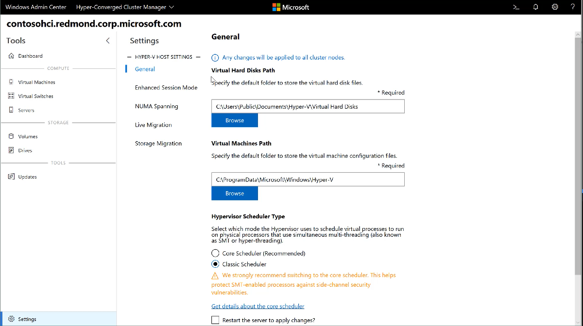 Screenshot of the pane for changing Hyper-V host settings.