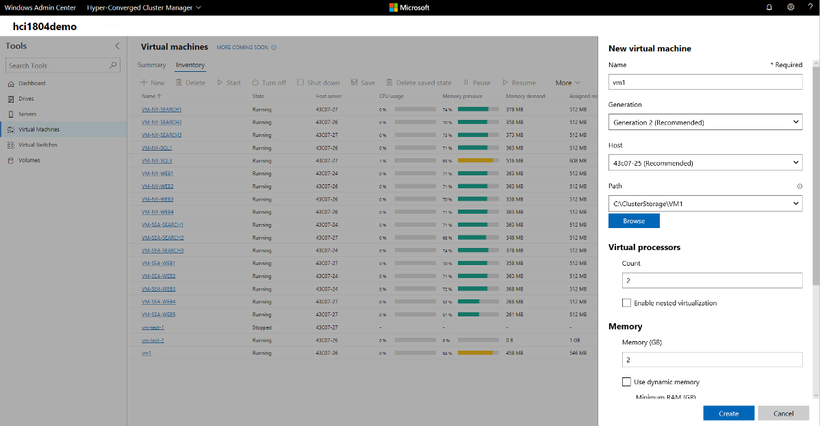 Screenshot that shows the pane for creating a virtual machine.