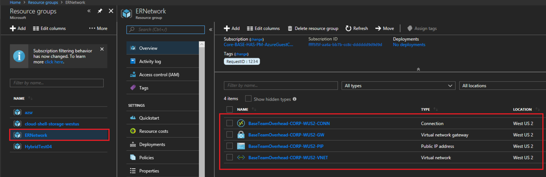 A screenshot of the Azure portal showing the resource group added with ExpressRoute.