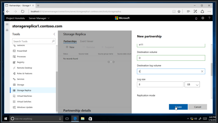 A screenshot of the storage replica new partnership screen in Windows Admin Center.