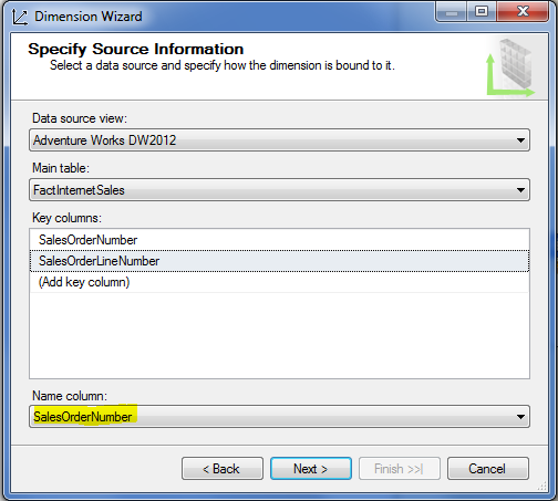 Sales Order dimension showing the name column