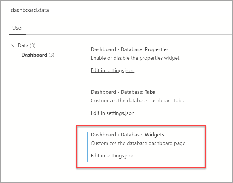 Screenshot showing the USER SETTINGS section with the Dashboard > Database Widgets section called out.