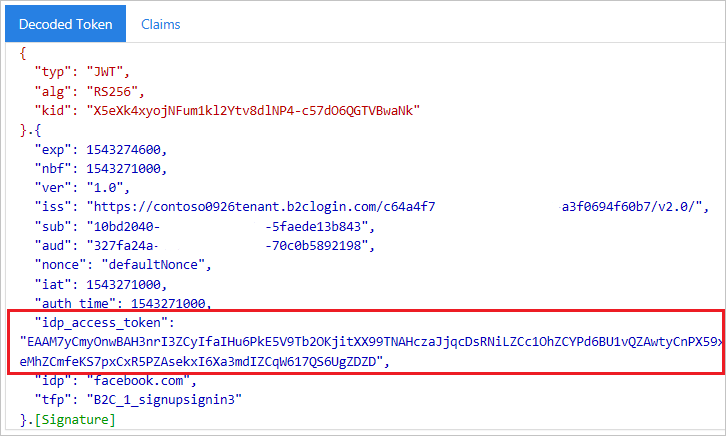 Decoded token in jwt.ms with idp_access_token block highlighted