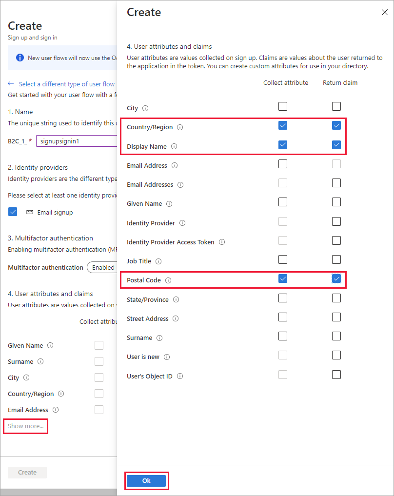 Screenshot of the attributes and claims selection page from the Azure portal with three claims selected and highlighted.