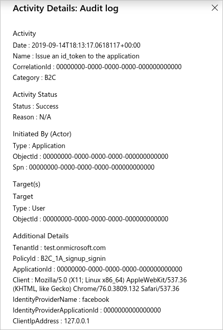 Example of Audit Log Activity Details page in Azure portal