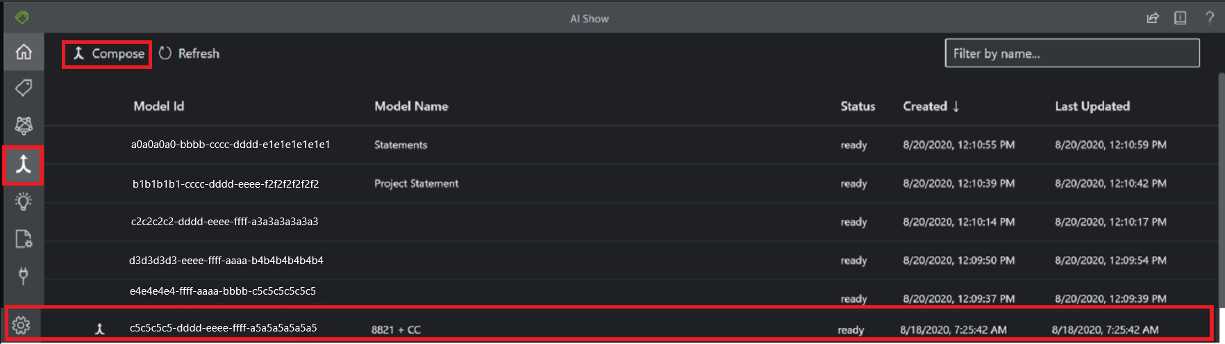 Screenshot of Document Intelligence Studio compose custom model dialog window.