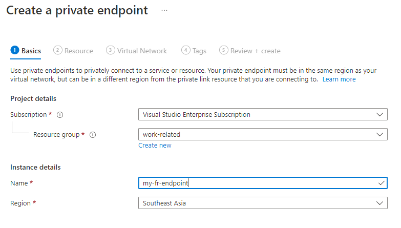 Screenshot showing how to set up a private endpoint.