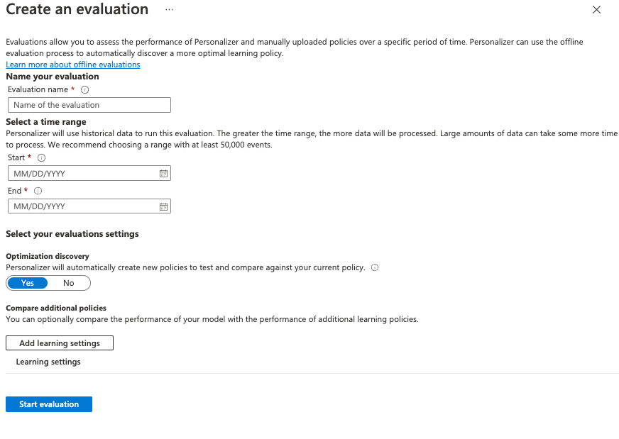 Choose offline evaluation settings