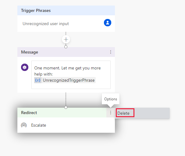 Partial screenshot of conversation flow, with delete option highlighted.