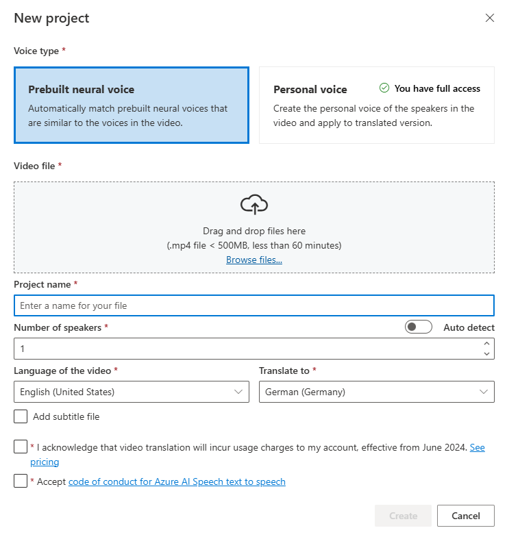 Screenshot of selecting voice type on the new project page.